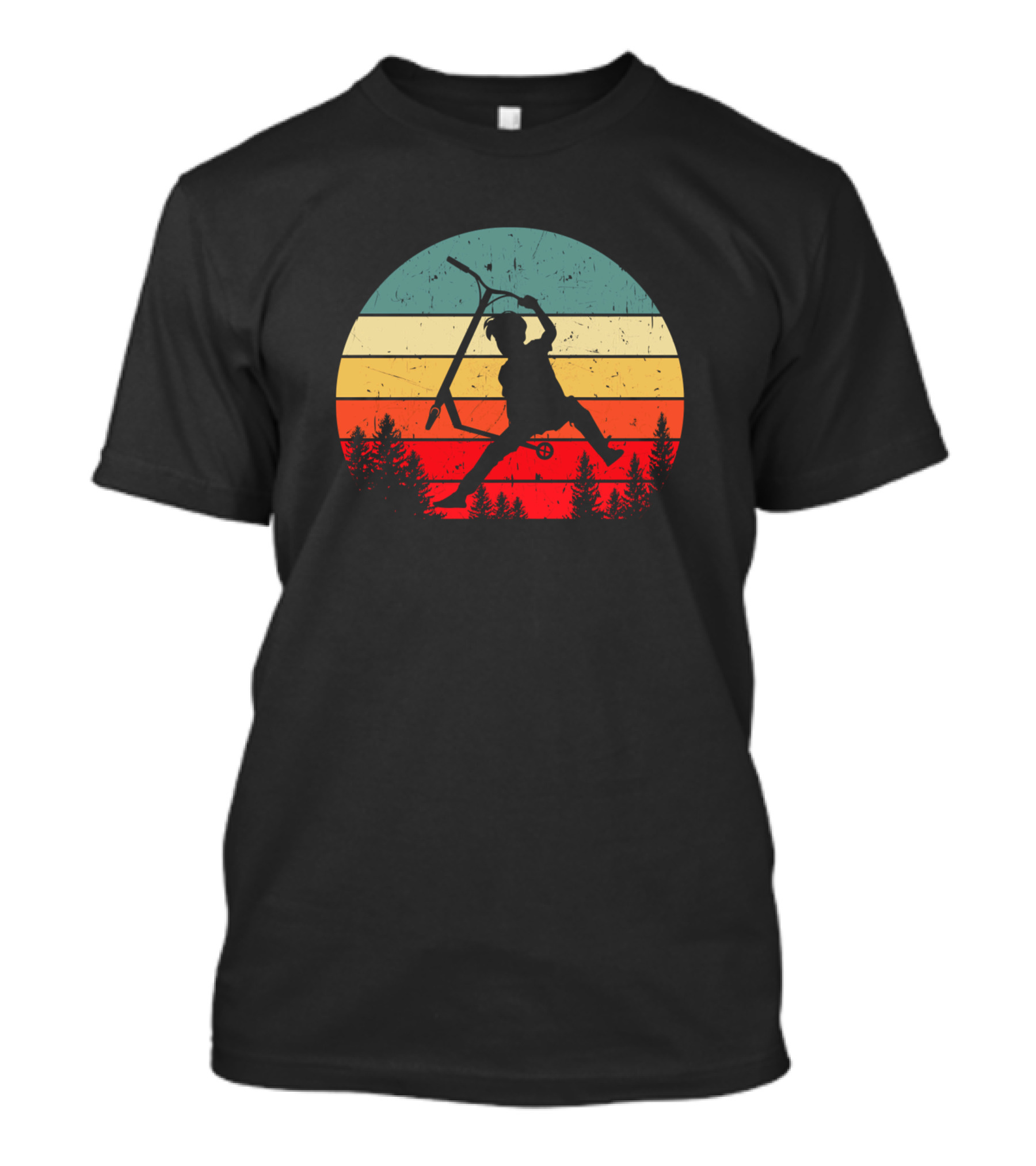 Scooter Stunt Silhouette With Retro Sunset Background And Forest T-Shirt