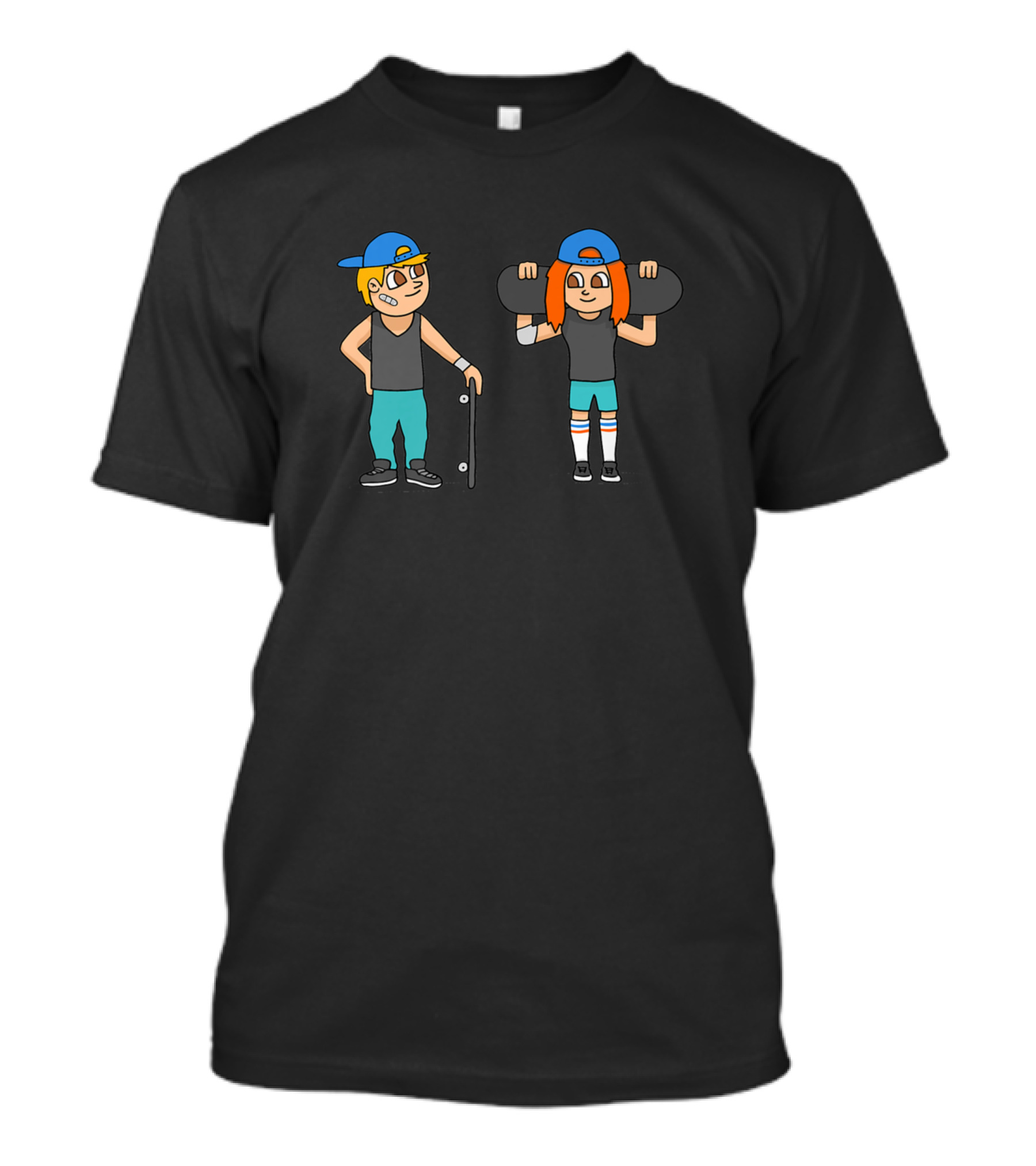 Skaters Having Fun Cool Skateboarder Friend Characters With Blue Caps And Skateboards T-Shirt