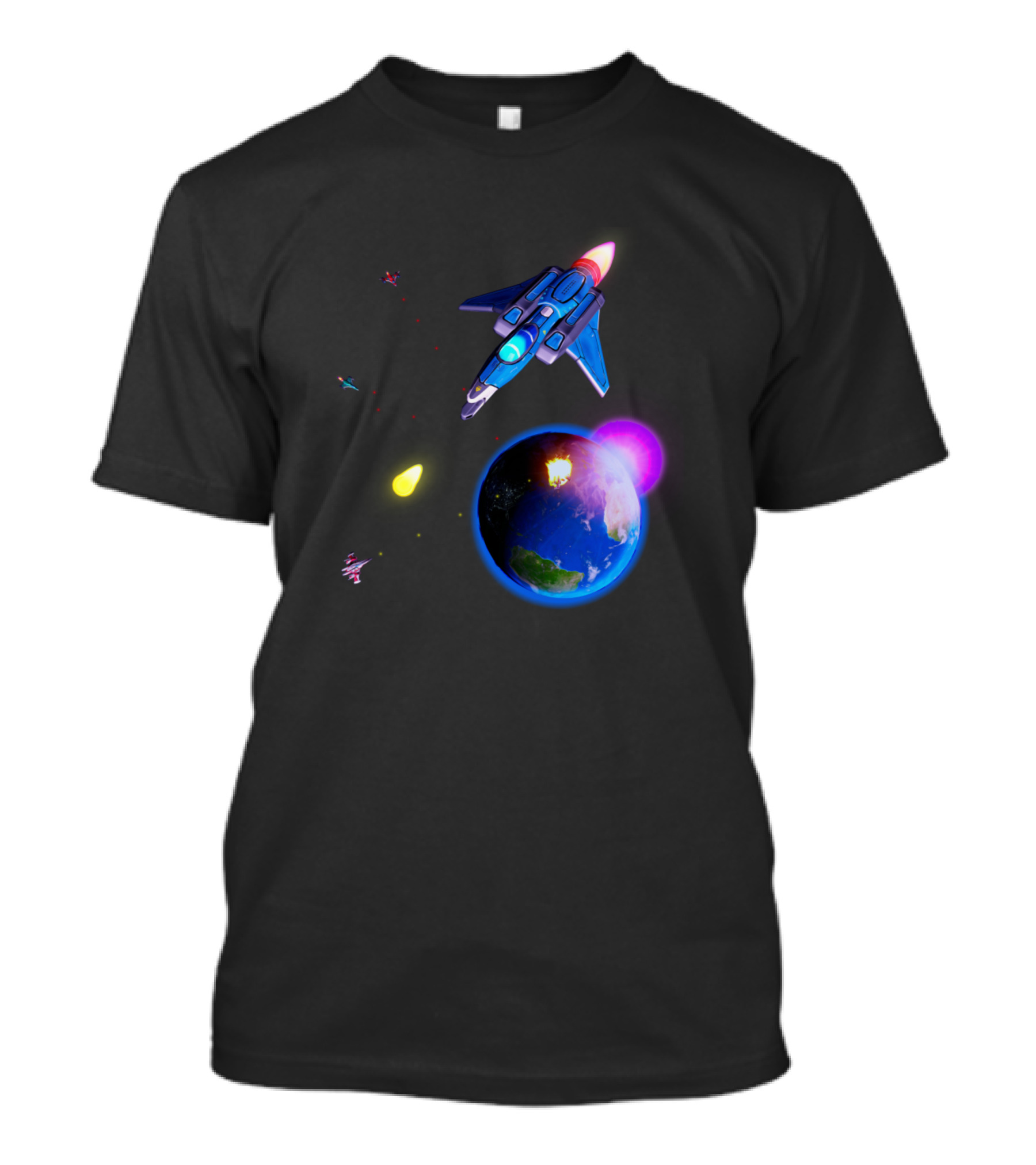 Space Battle Spaceship Shooting At Earth Planet Scene T-Shirt