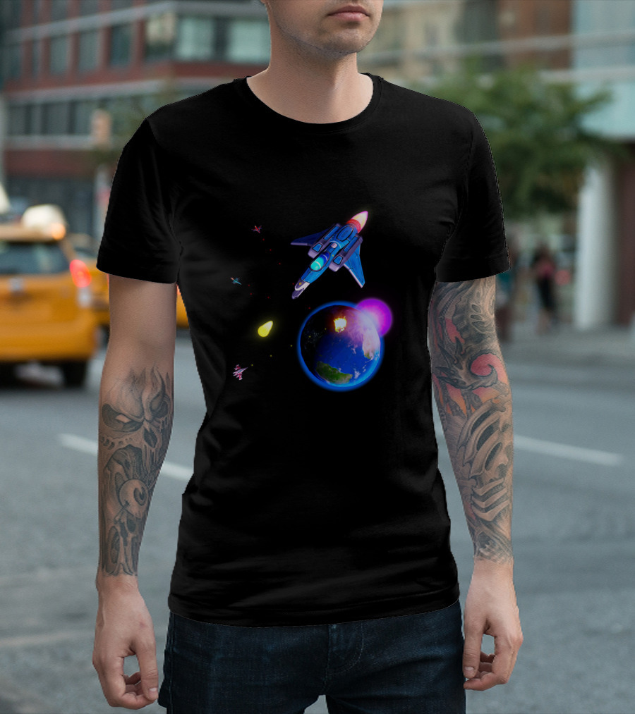 Space Battle Spaceship Shooting At Earth Planet Scene T-Shirt
