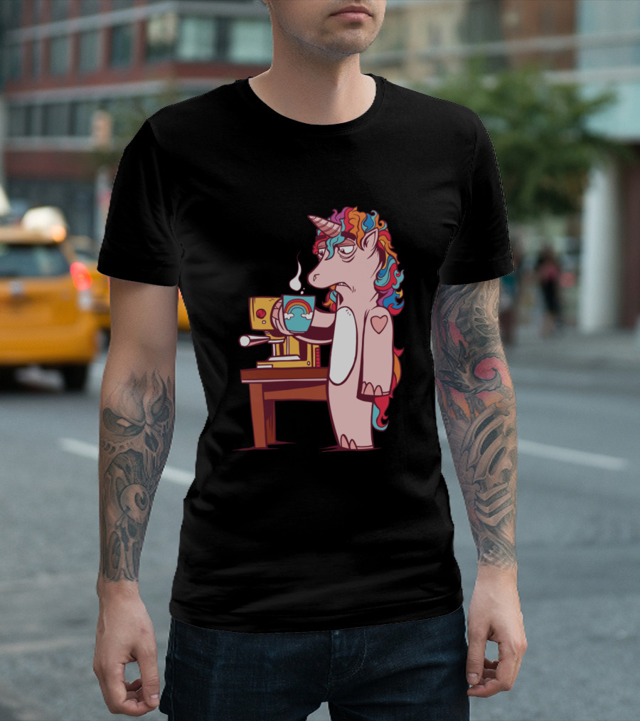 Tired Unicorn Holding Coffee Cup by Espresso Machine T-Shirt