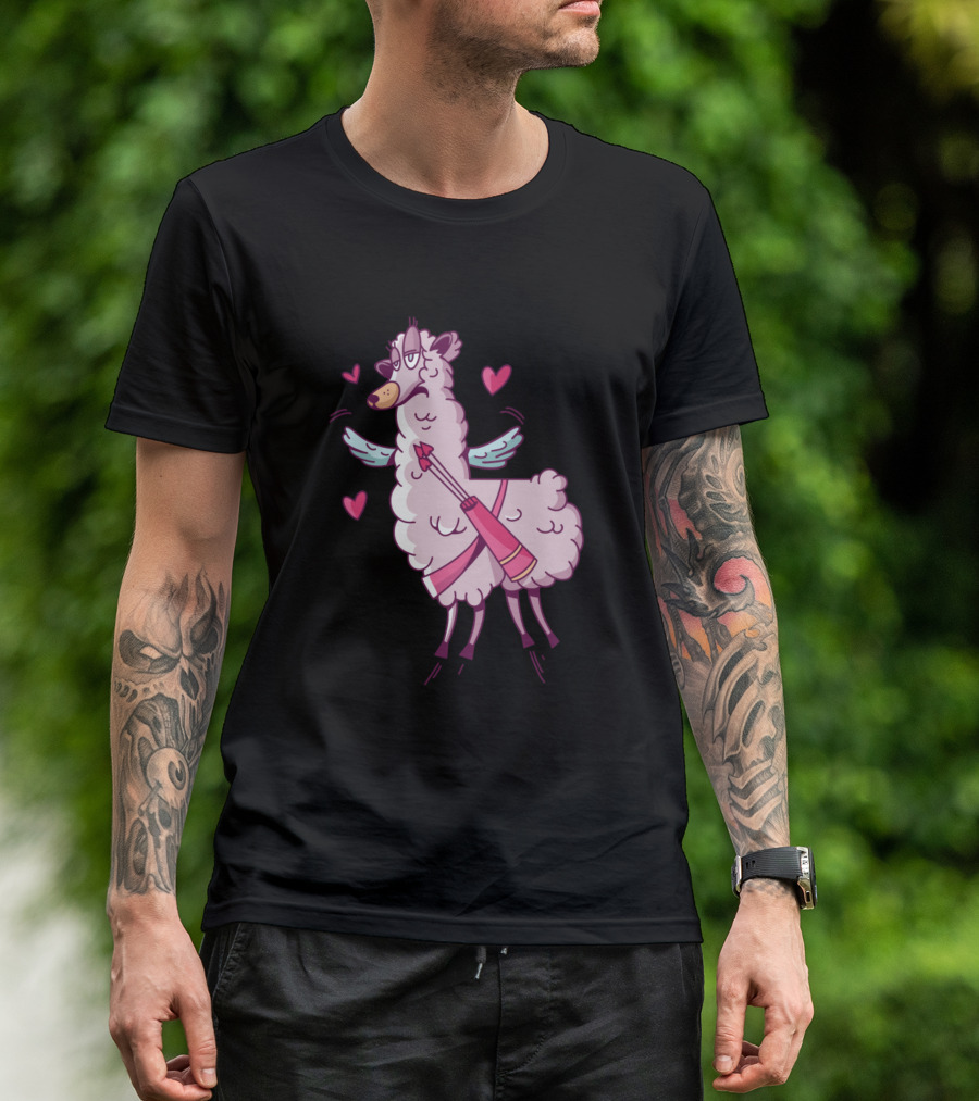 Valentines Llama Love Cupid Hearts Wings Arrow Quiver T-Shirt
