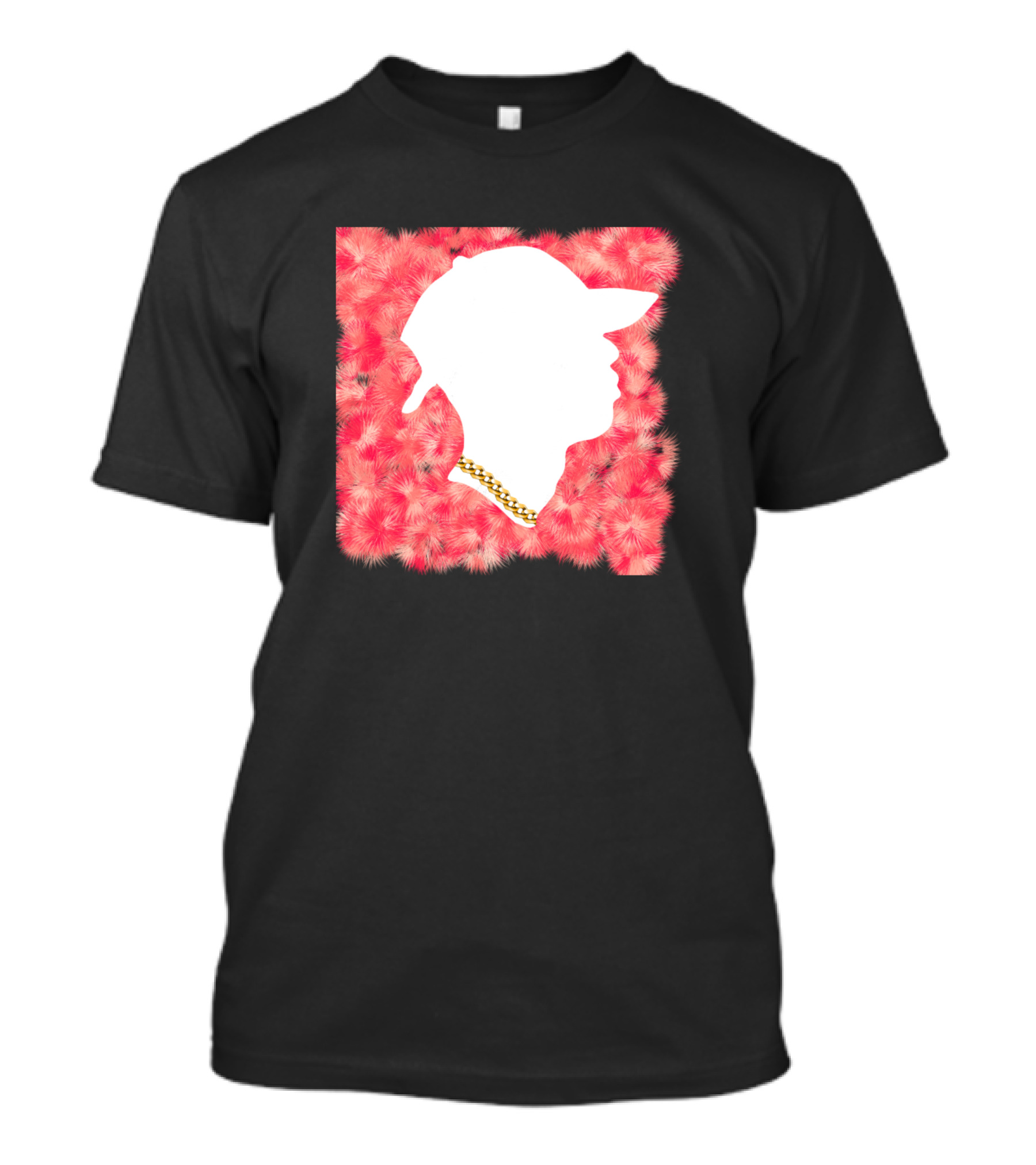 White Silhouette In Baseball Cap With Gold Chain On Pink Fur Background T-Shirt