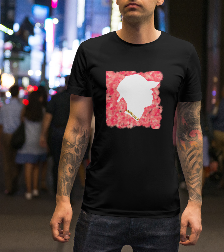 White Silhouette In Baseball Cap With Gold Chain On Pink Fur Background T-Shirt