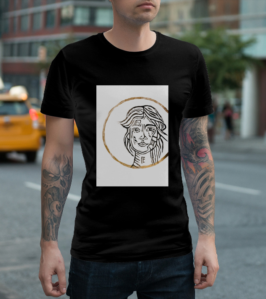 Wild Flowers Artistic Line Drawing in Circle Motif T-Shirt