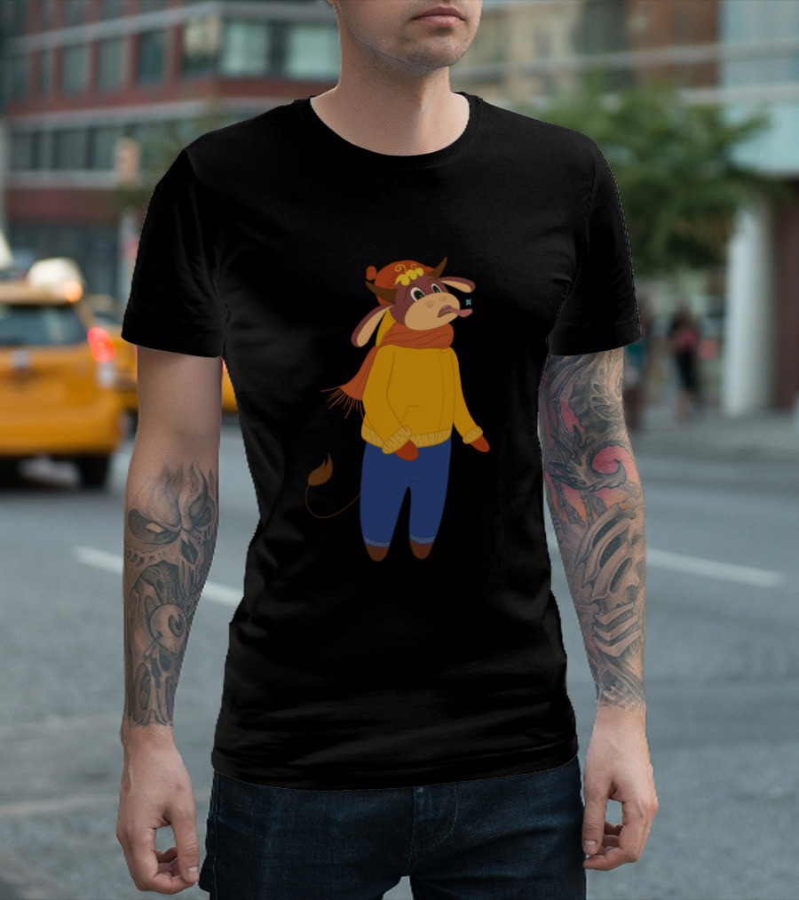 Winter Bull Catching A Snowflake On Tongue T-Shirt