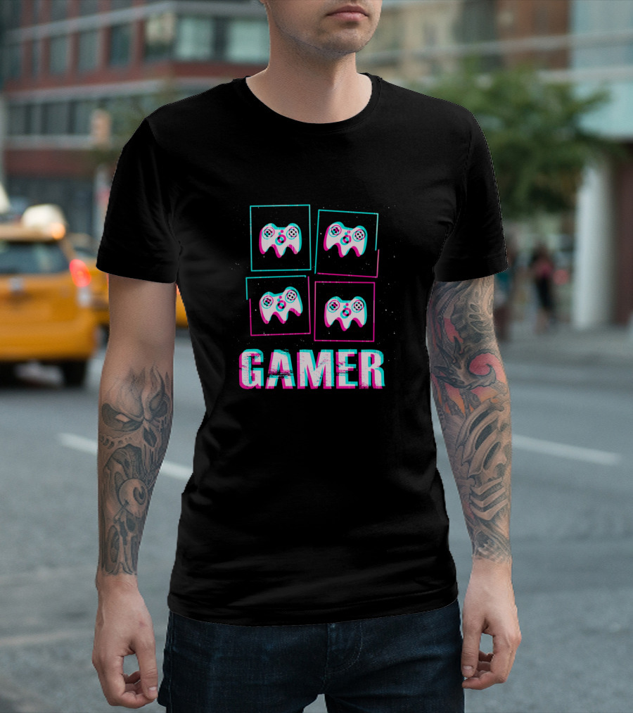 Xbox PlayStation Vintage Gamer Quad Controller Retro 3D Typography T-Shirt