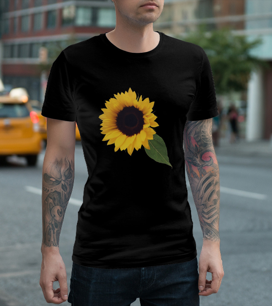 Yellow Sunflower Blossom with Green Leaf T-Shirt