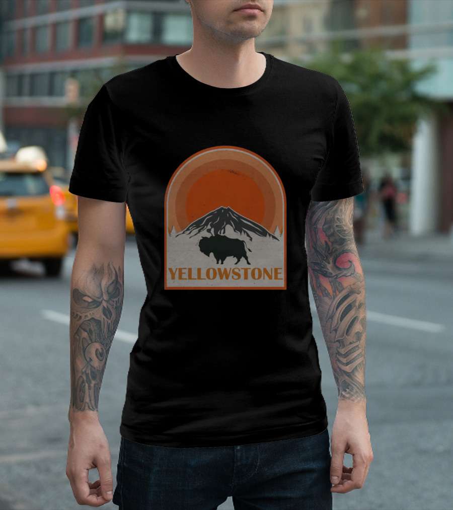 Yellowstone National Park Bison Silhouette Retro Mountain Sunset T-Shirt