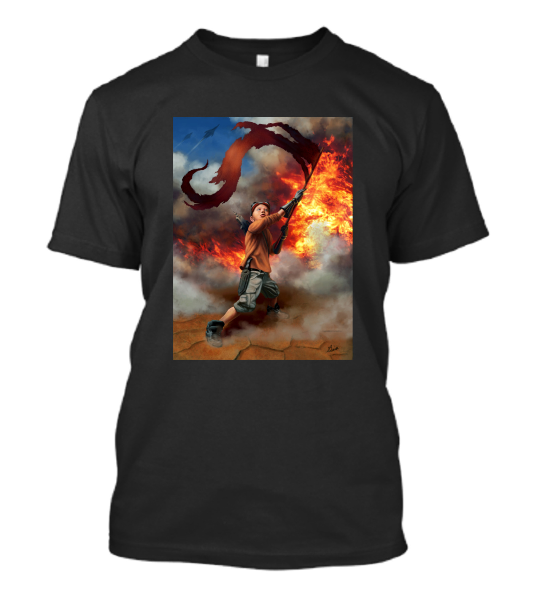 Young Warrior Raising Sci Fi Flag Amidst Flames Explosion T-Shirt