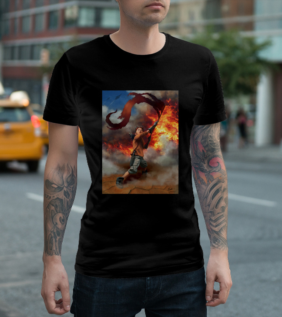 Young Warrior Raising Sci Fi Flag Amidst Flames Explosion T-Shirt