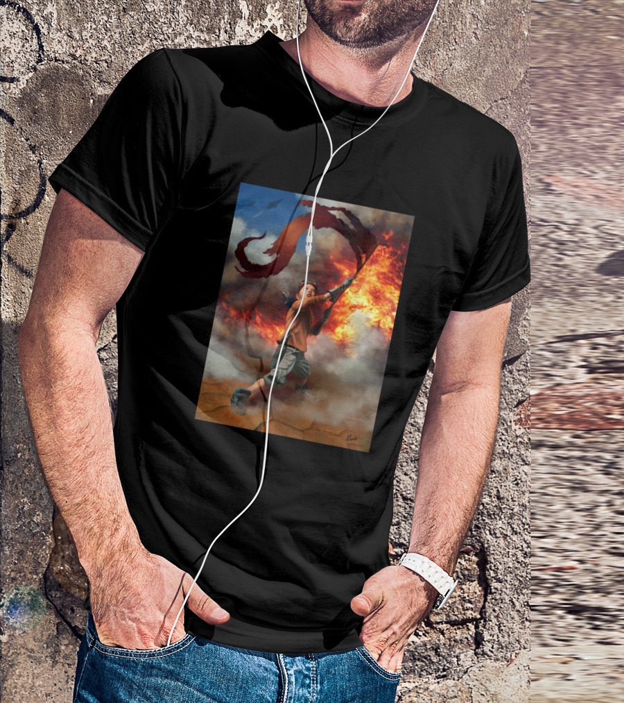 Young Warrior Raising Sci Fi Flag Amidst Flames Explosion T-Shirt
