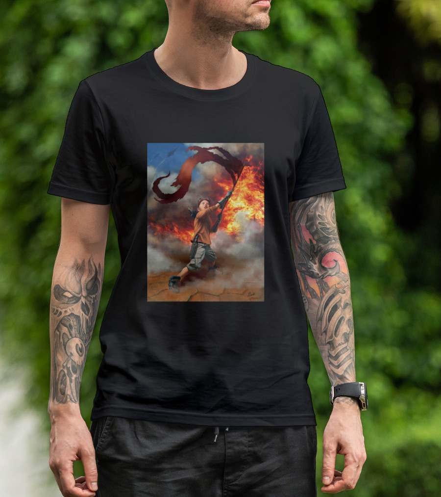 Young Warrior Raising Sci Fi Flag Amidst Flames Explosion T-Shirt