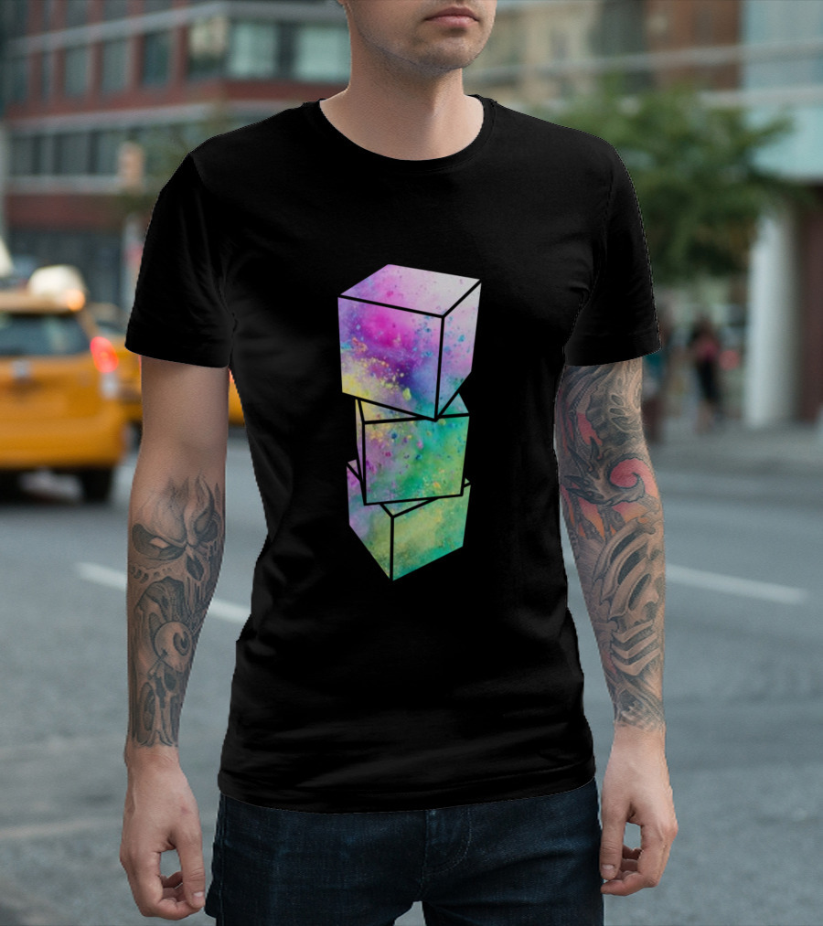 Vibrant Multicolor Stacked 3D Cubes Geometric T-Shirt