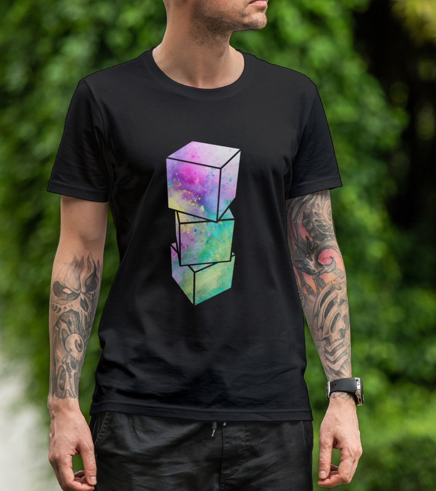 Vibrant Multicolor Stacked 3D Cubes Geometric T-Shirt