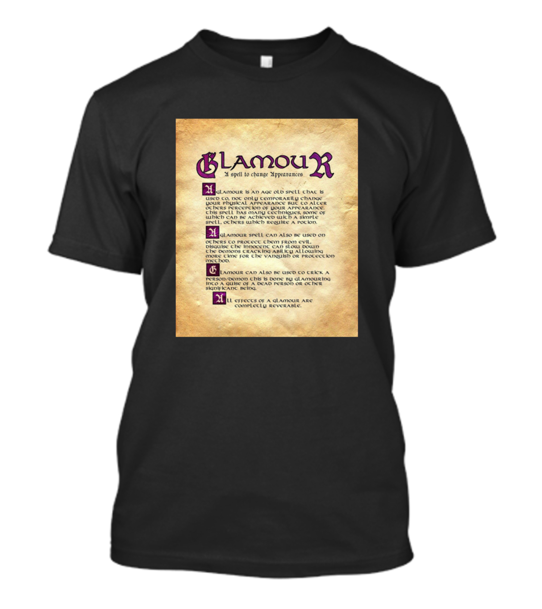 Glamour Spell To Change Appearance With Ancient Magic Script On Aged Parchment T-Shirt