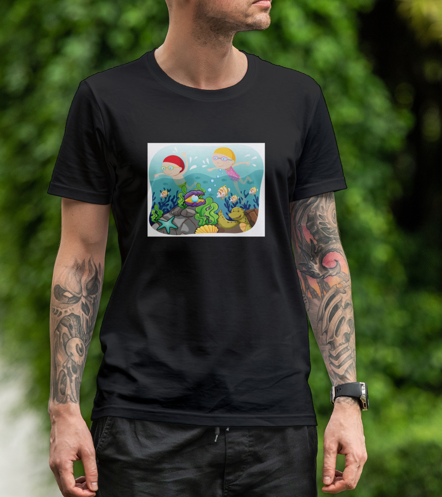 Boy And Girl Swimming In Ocean With Fish And Coral Reef T-Shirt