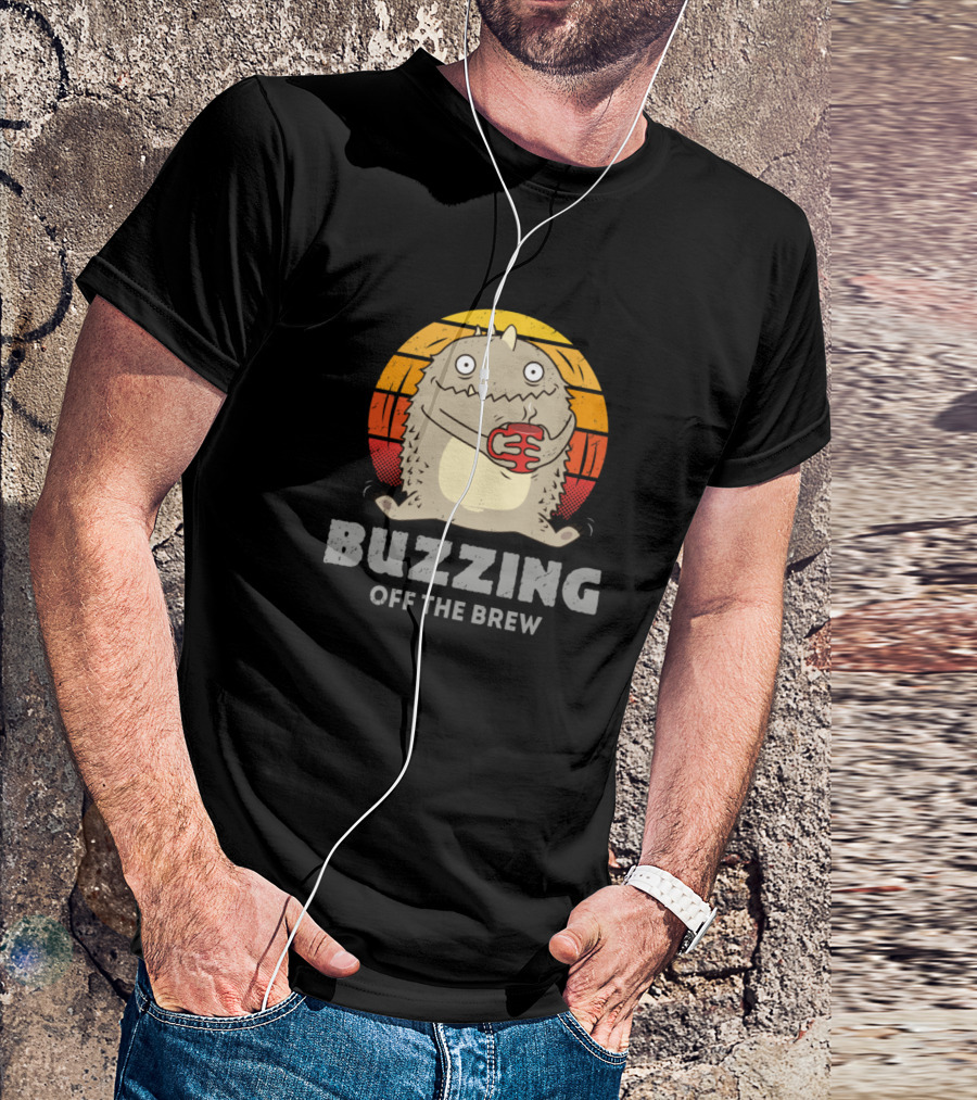 Buzzing Off The Brew Monster Hugging Coffee Cup Retro Sunset T-Shirt