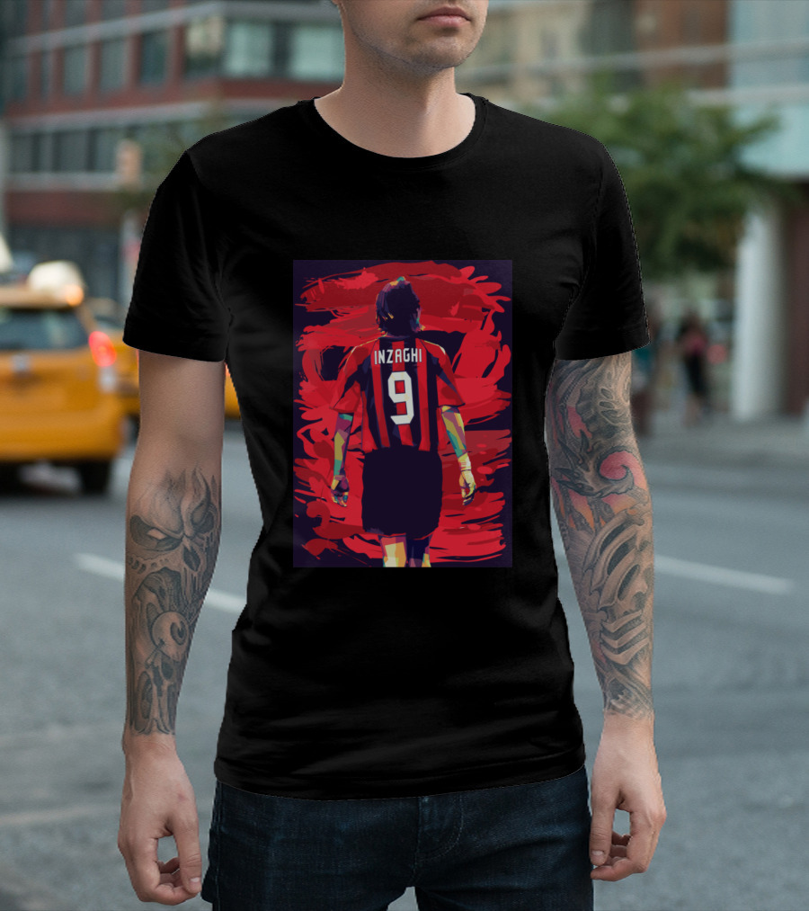 Inzaghi 9 Red and Black Stripes Football Legend T-Shirt