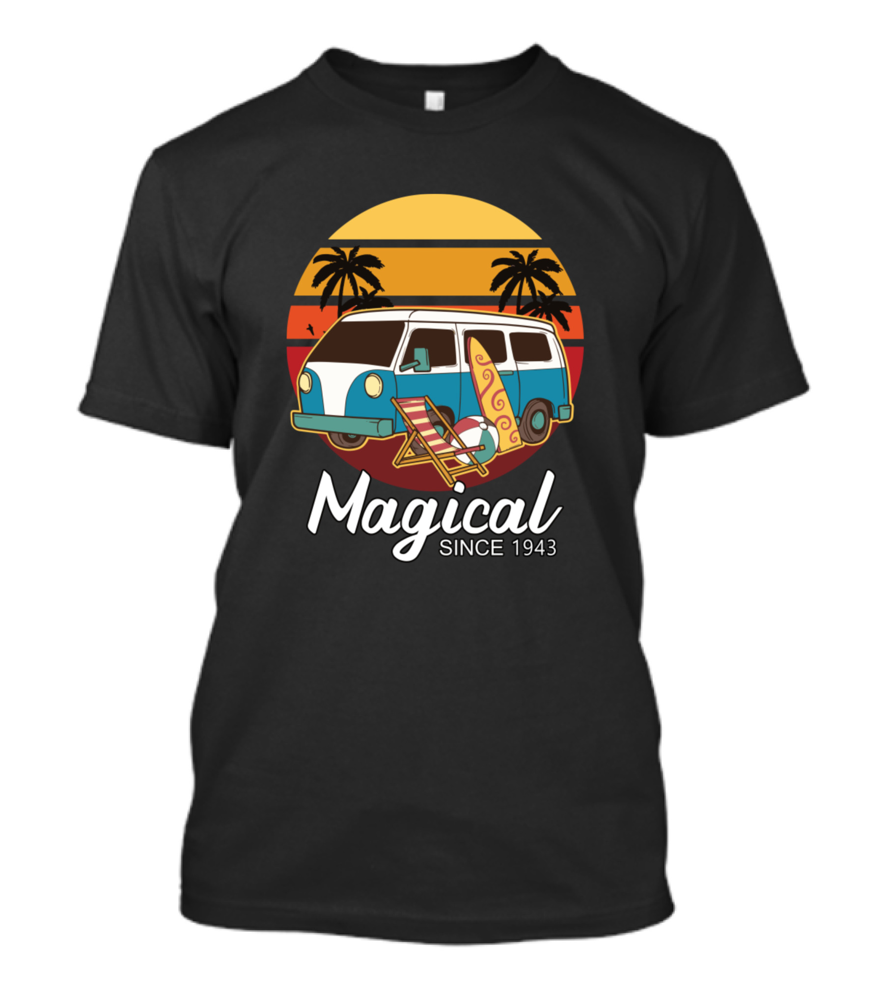 Magical Camper Van Surfer Vibes Since 1943 Retro Sunset Palm Trees T-Shirt