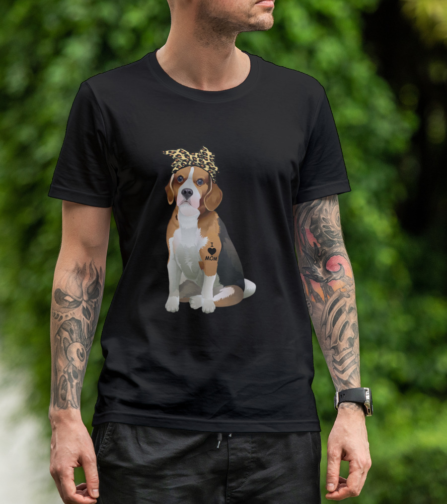 I Love Mom Beagle Tattoo Leopard Bow T-Shirt
