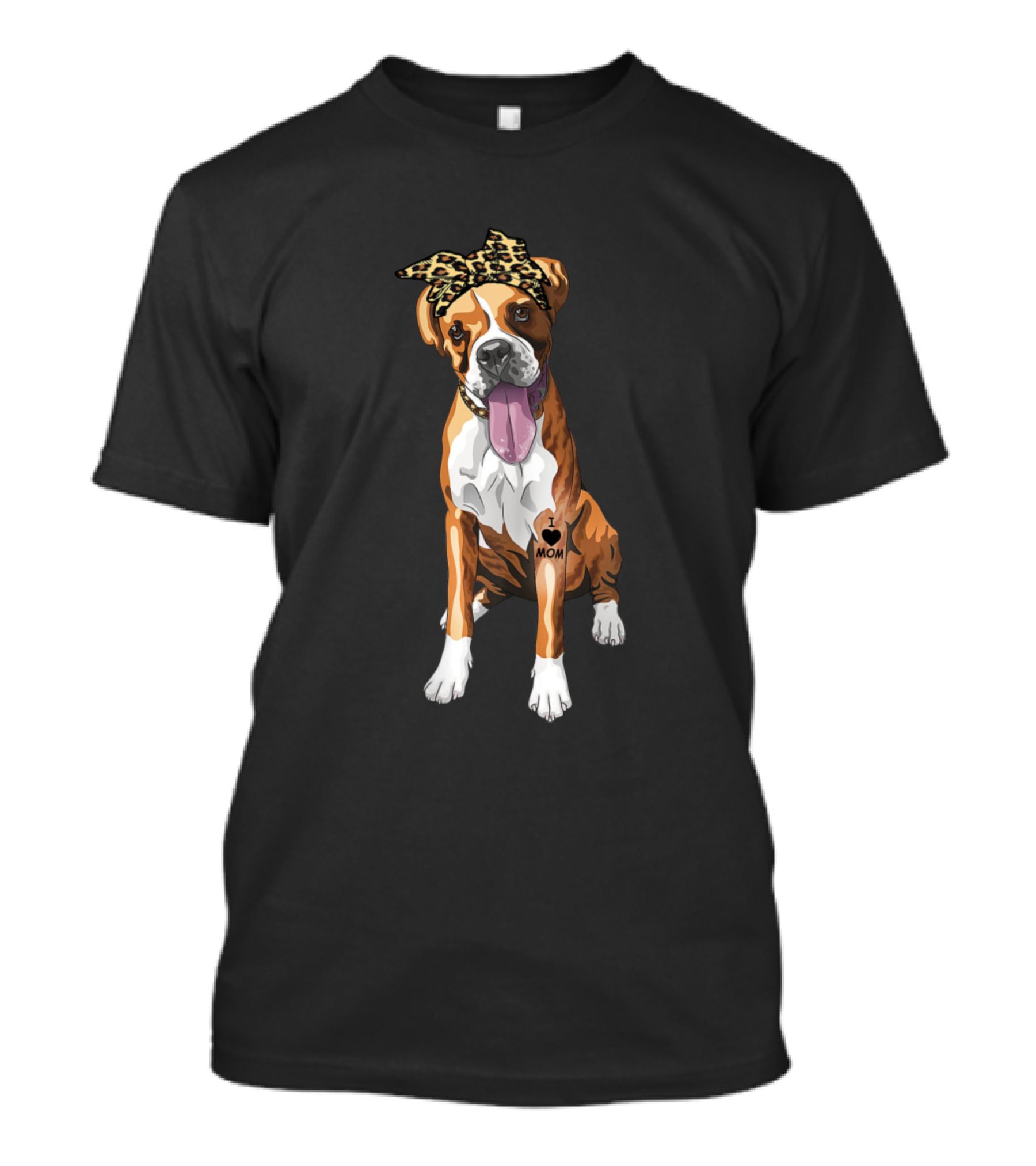 I Love Mom Boxer Dog With Leopard Print Bandana And Heart Tattoo T-Shirt