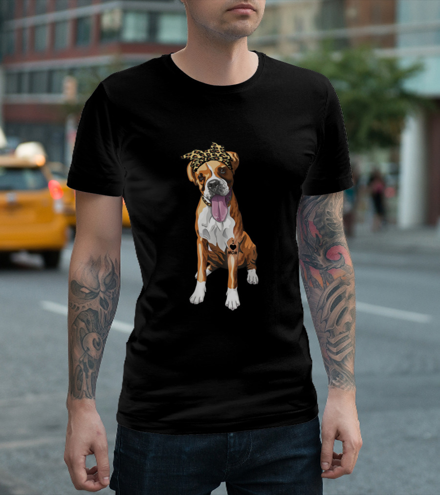 I Love Mom Boxer Dog With Leopard Print Bandana And Heart Tattoo T-Shirt