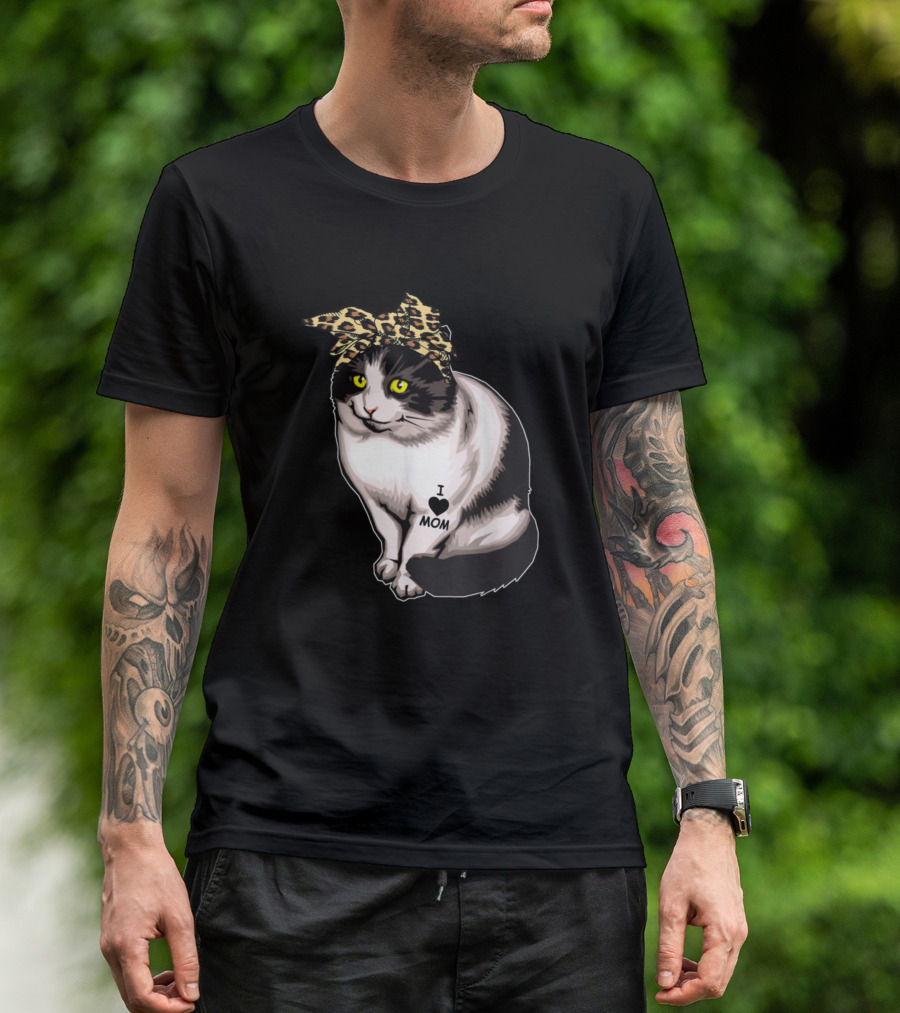 I Love Mom Cat Leopard Bandana Tattoo T-Shirt