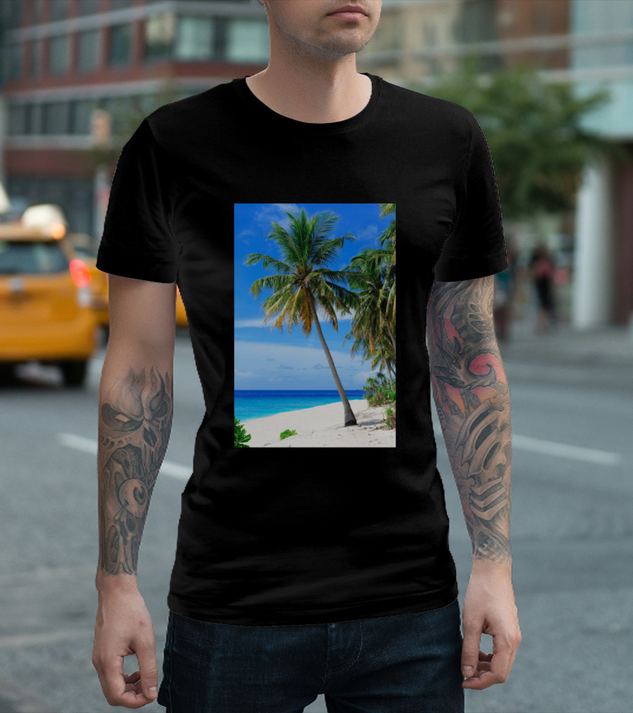 Palm Tree By Tropical Beach Ocean Shore Blue Sky T-Shirt