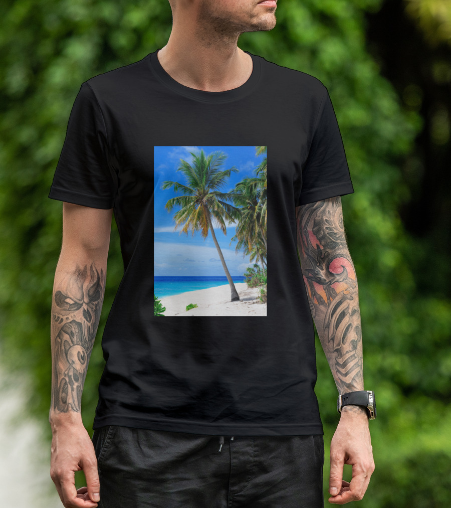 Palm Tree By Tropical Beach Ocean Shore Blue Sky T-Shirt
