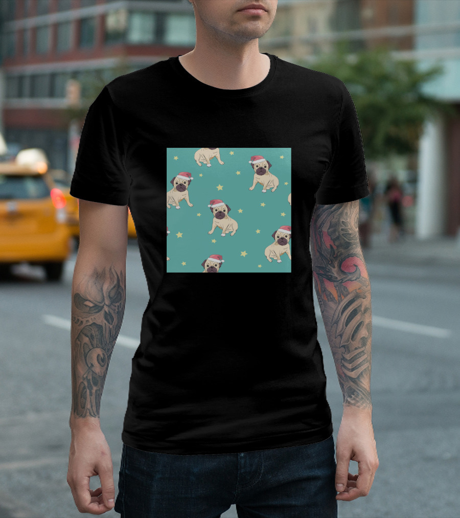 Pug Santa Hat Festive Pattern With Stars T-Shirt