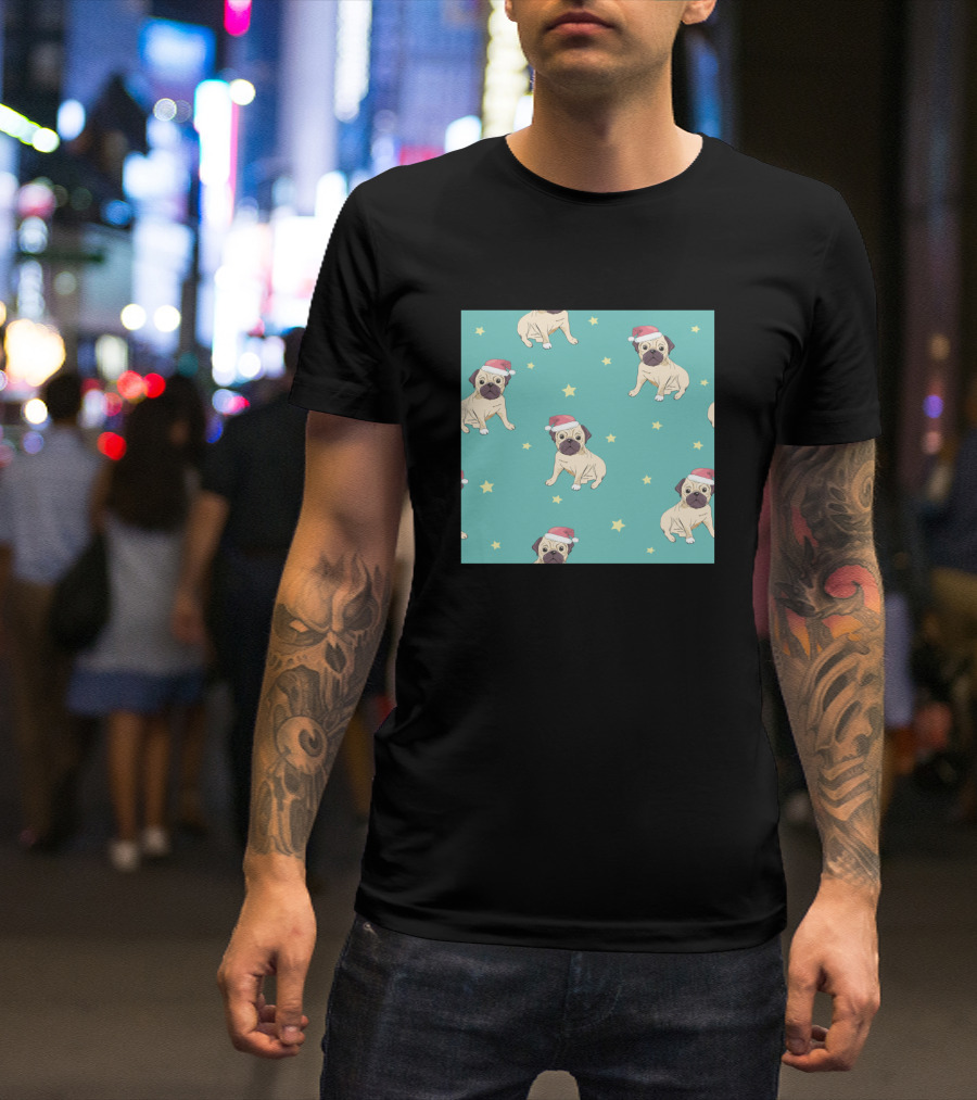 Pug Santa Hat Festive Pattern With Stars T-Shirt