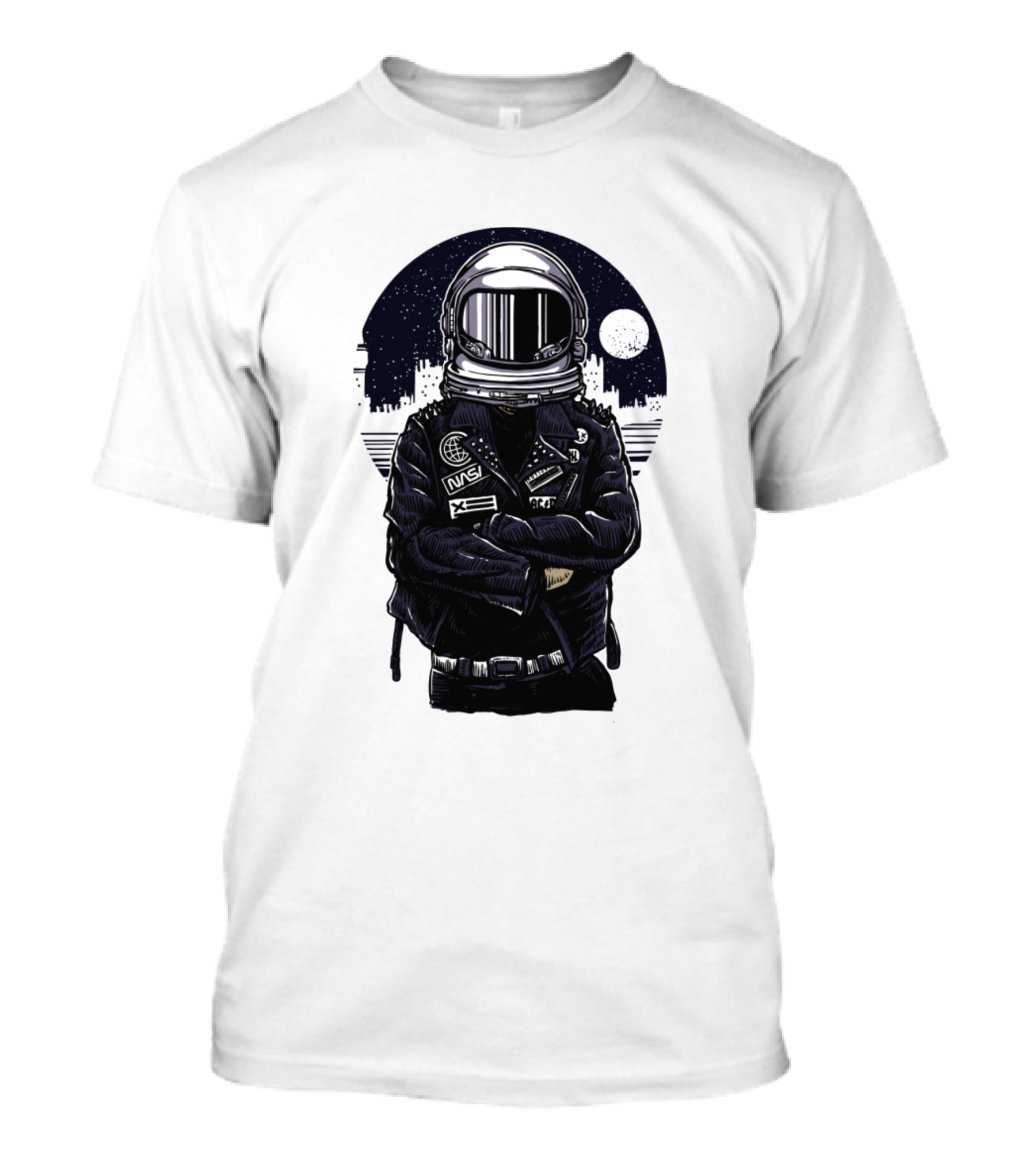 Rebel Astronaut Cosmonaut Spaceman Space Adventure With Moon Background T-Shirt