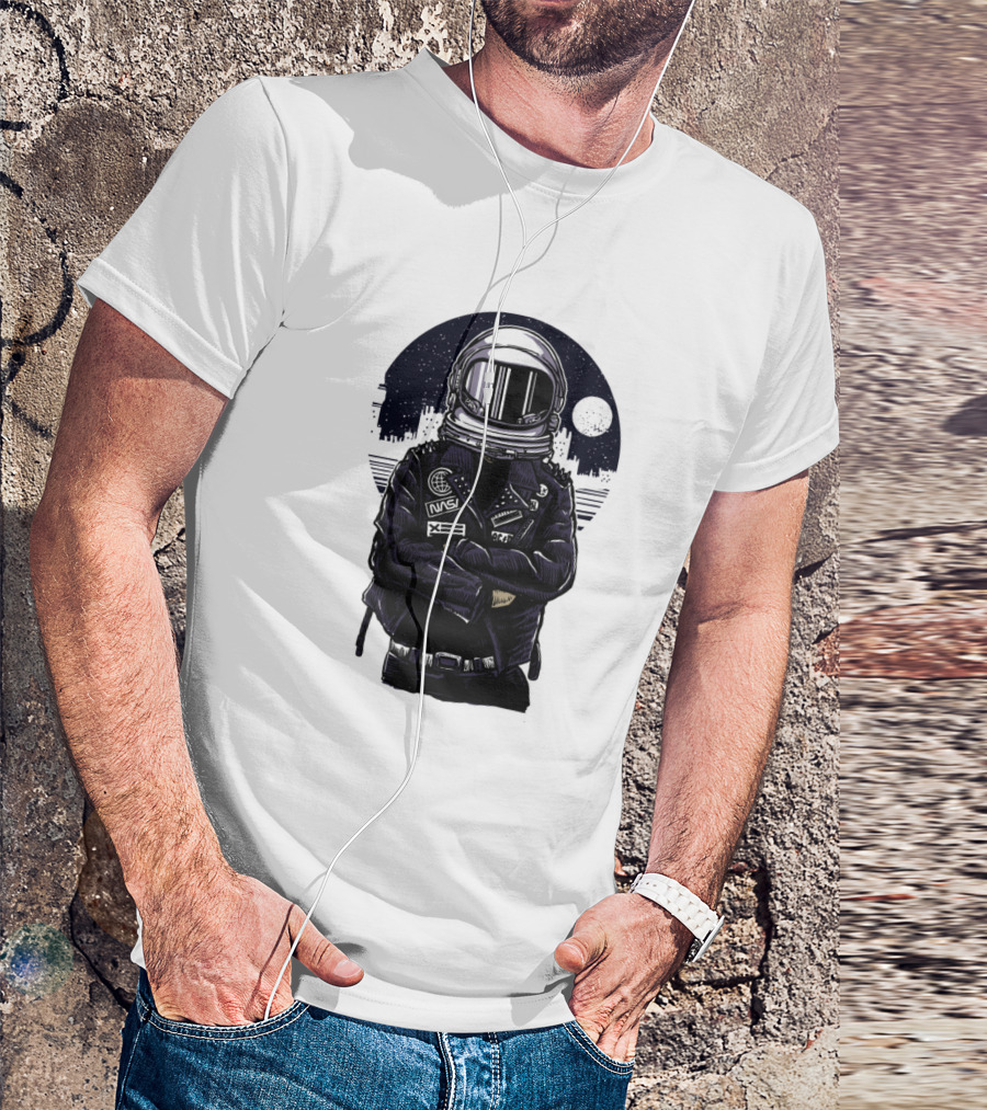 Rebel Astronaut Cosmonaut Spaceman Space Adventure With Moon Background T-Shirt
