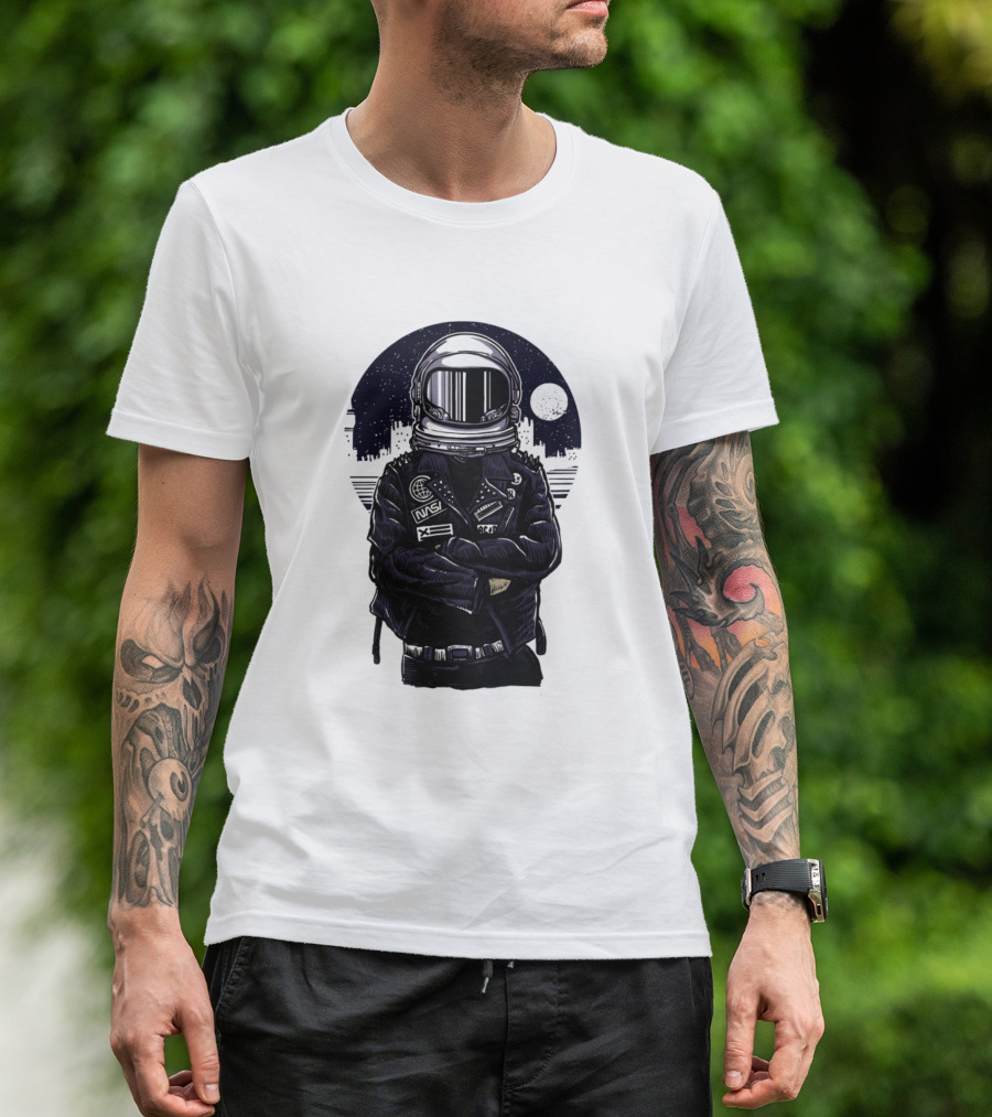 Rebel Astronaut Cosmonaut Spaceman Space Adventure With Moon Background T-Shirt