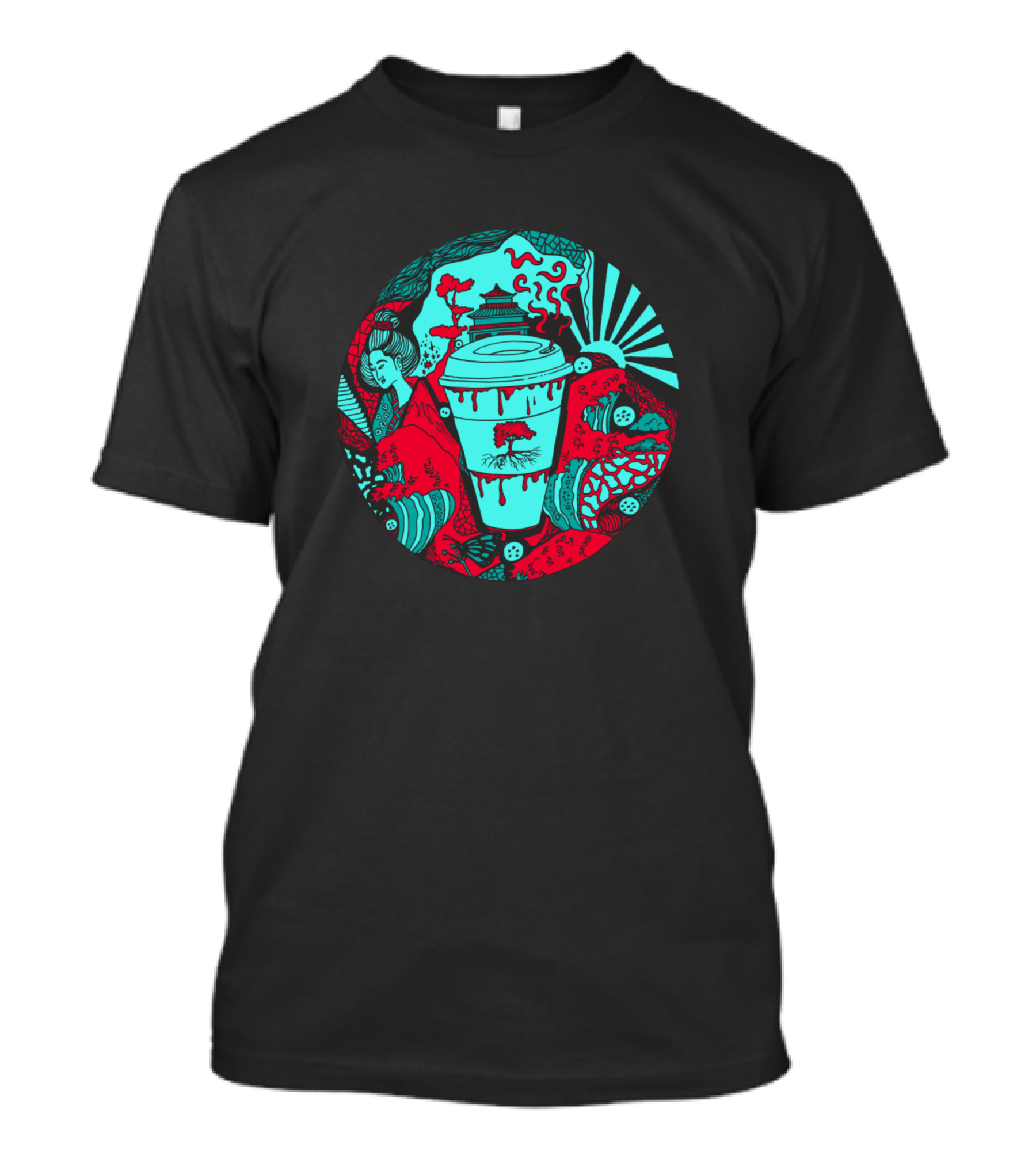 Turqred Coffee In Japan With Samurai And Pagoda Elements T-Shirt