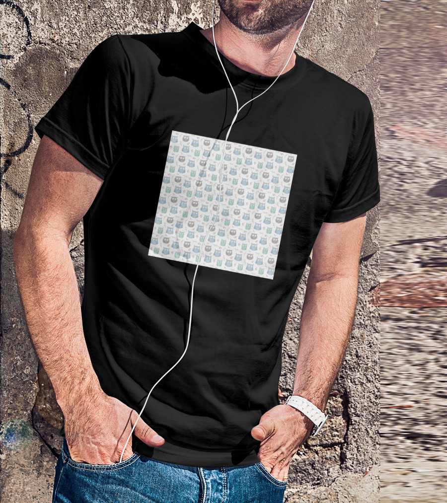 Playful Pattern Of Whimsical Blue And Green Owl Faces T-Shirt