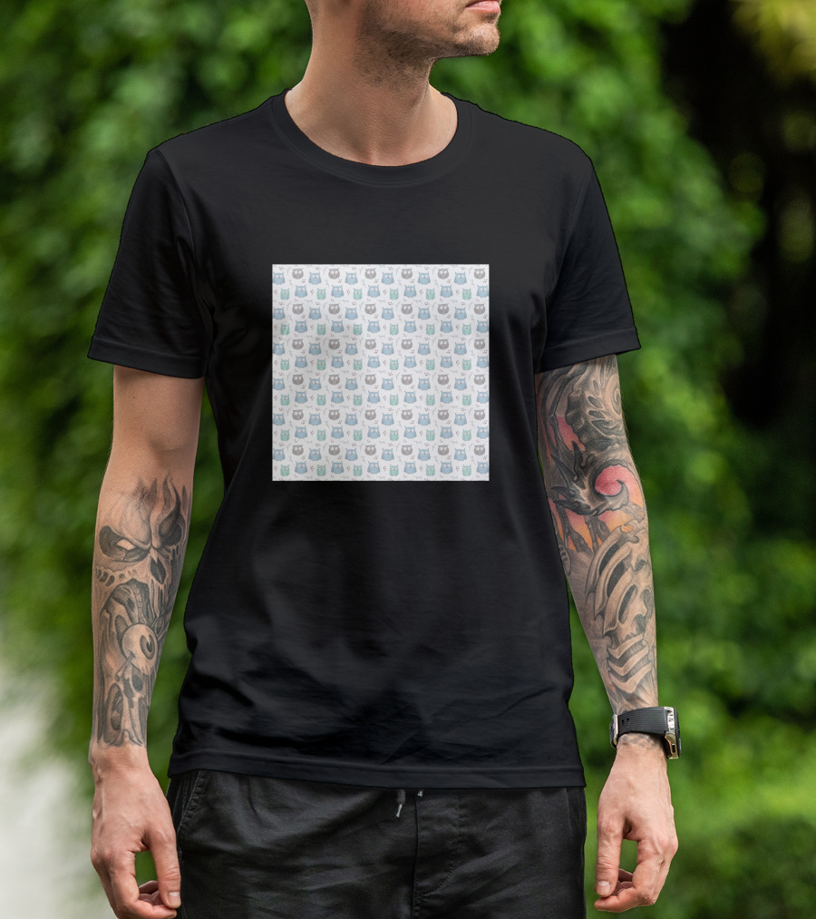 Playful Pattern Of Whimsical Blue And Green Owl Faces T-Shirt