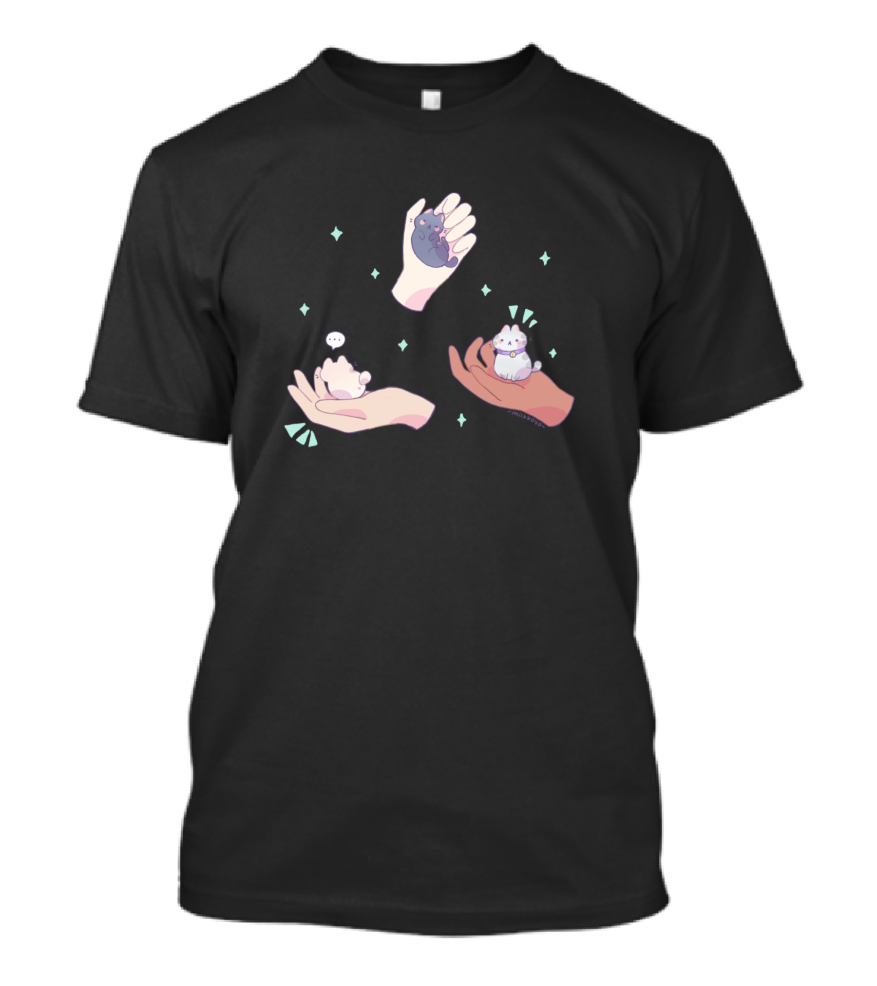 Tiny Cats In Hands With Stars And Speech Bubble T-Shirt
