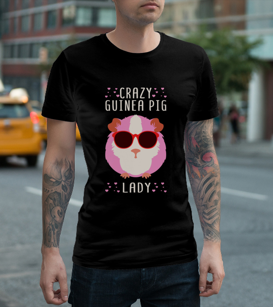 Crazy Guinea Pig Lady Guinea Pigs Lover Wear Sunglasses Surrounded by Hearts T-Shirt