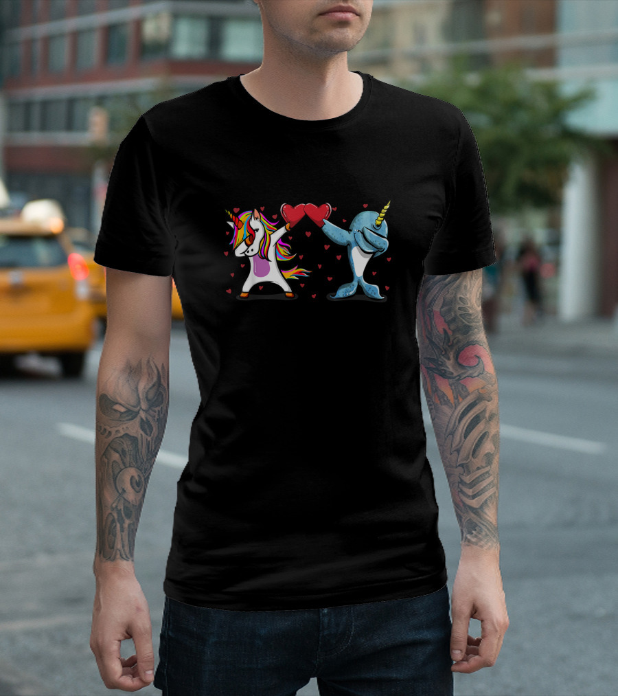 Magical Dabbing Unicorn and Narwhal Heart Valentines Day T-Shirt