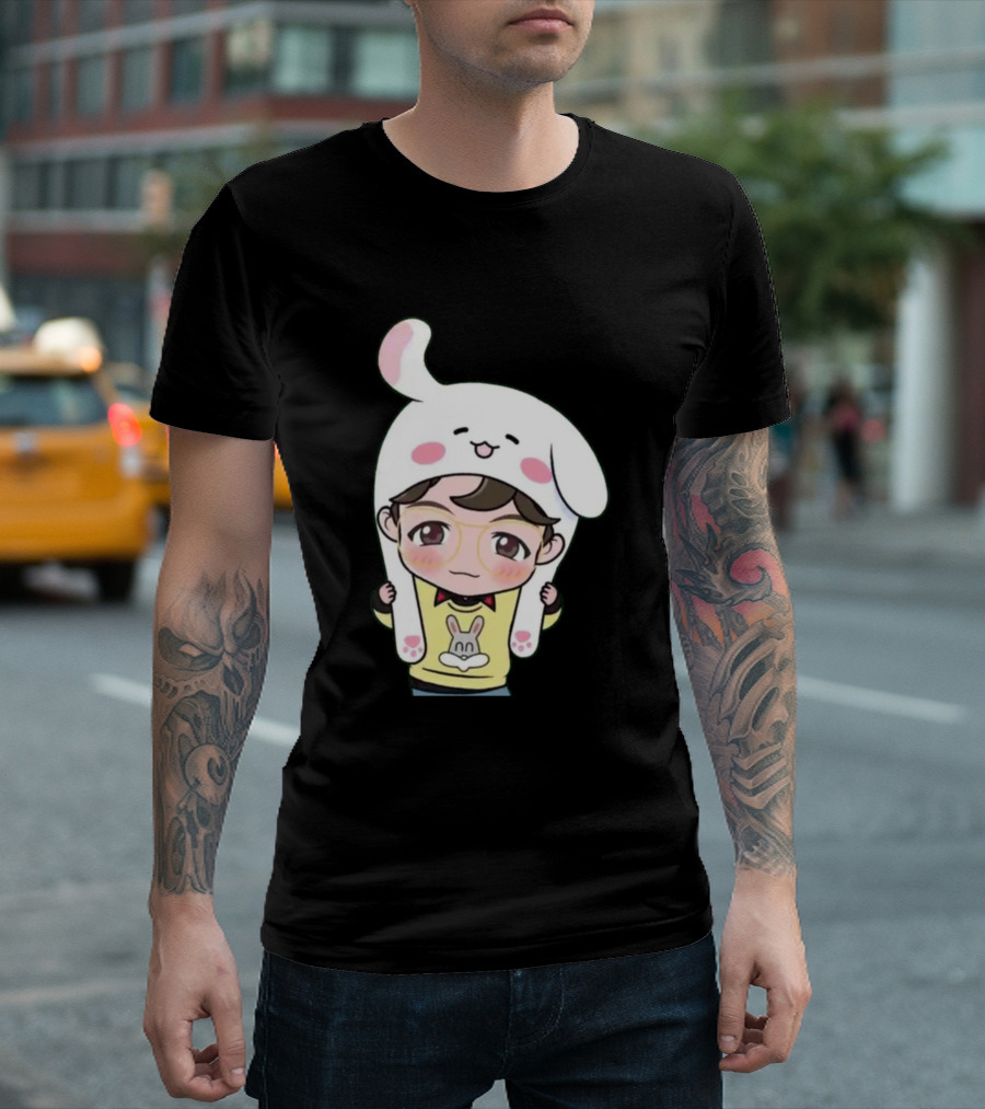 Jhope BTS Cartoon Character Wearing Bunny Hat and Glasses T-Shirt