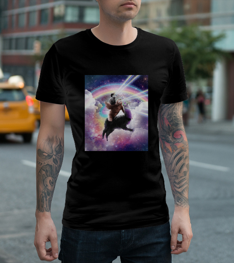 Space Cat with Laser Eyes on Sloth Riding Llama in Rainbow Galaxy T-Shirt