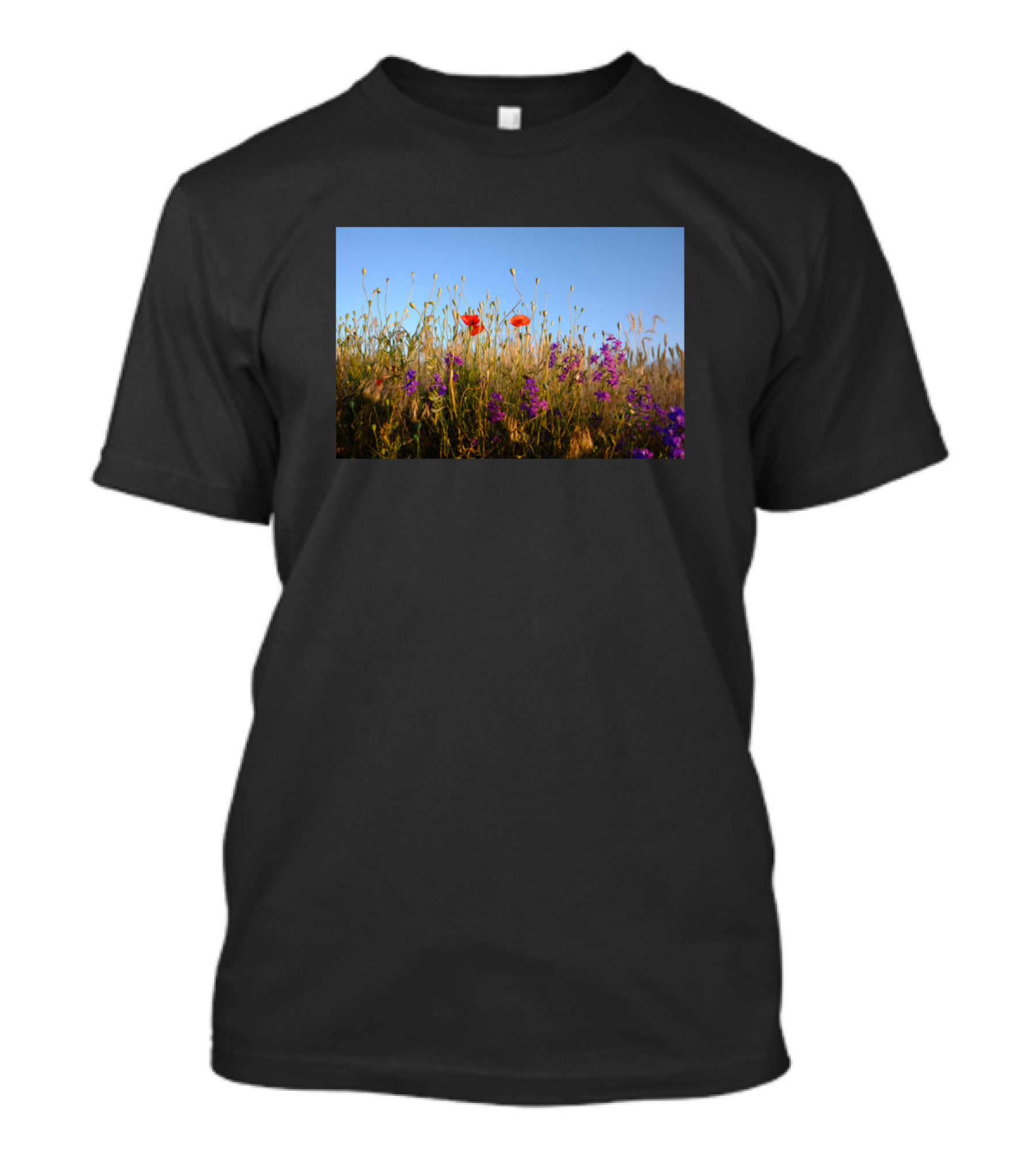 Nature Landscape Green Field Red And Purple Flowers T-Shirt
