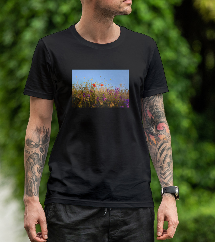 Nature Landscape Green Field Red And Purple Flowers T-Shirt