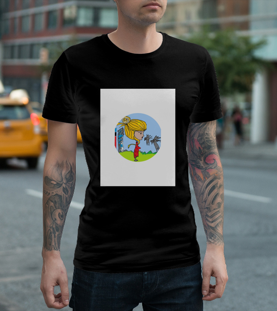 Nouvel Blond Girl in Red Dress with Wolves and Totem T-Shirt