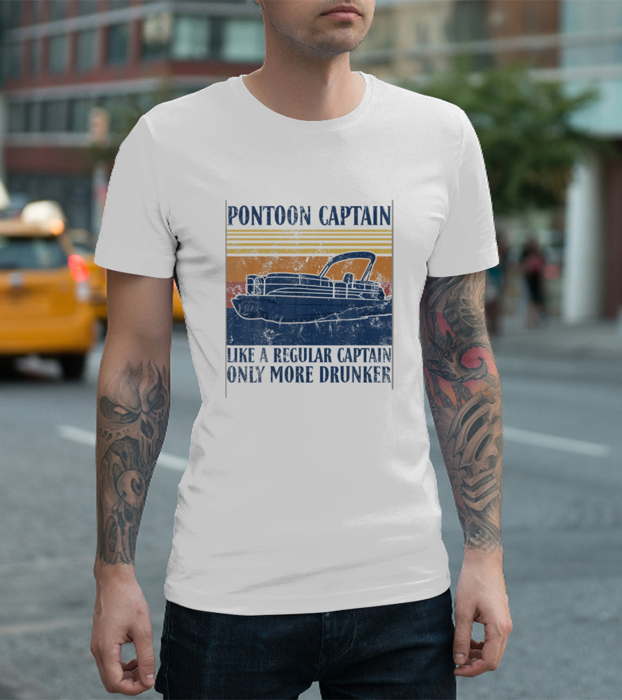 Pontoon Captain Like A Regular Captain Only More Drunker Vintage Sunset Boat T-Shirt