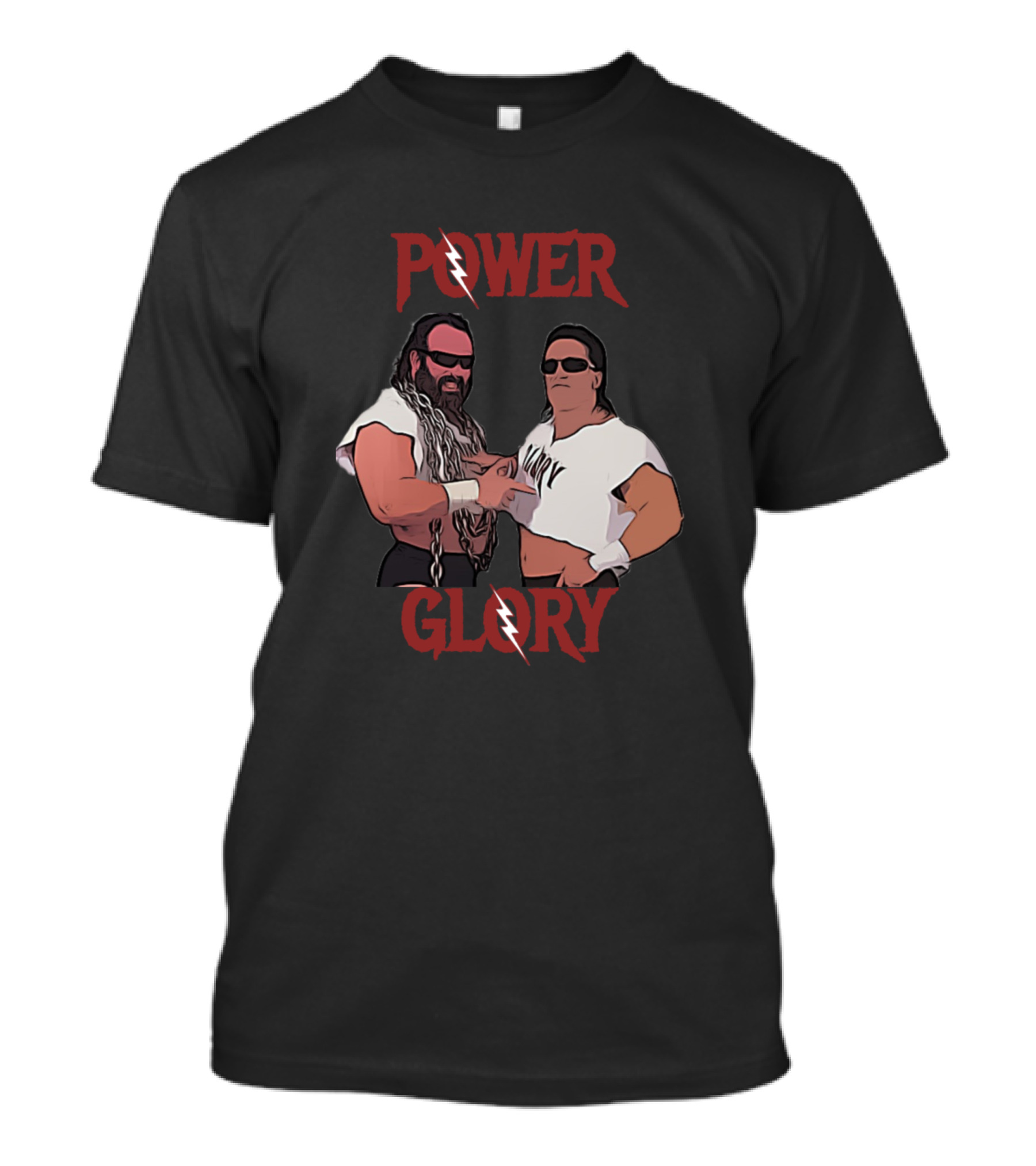 Power And Glory Wrestling Duo With Lightning Bolt Motif T-Shirt