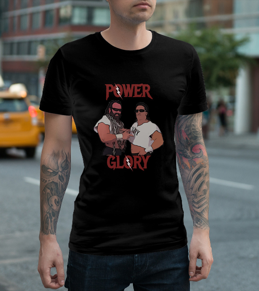 Power And Glory Wrestling Duo With Lightning Bolt Motif T-Shirt