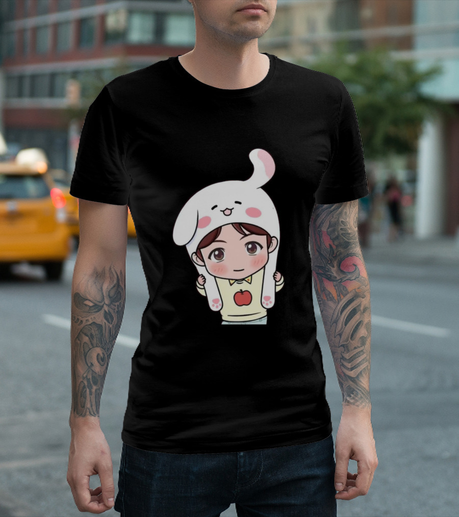 Suga BTS Cute Character With Bunny Hat And Apple T-Shirt